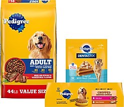 Dog Food & Treats Starter Pack - Pedigree Steak & Vegetable Dry Food, Beef & Chicken Canned Food, Chicken Dental Treats