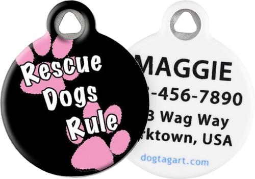 Show full view: Dog Tag Art Rescue Dogs Rule Pink Personalized Dog ID Tag, Small slide 1 of 6