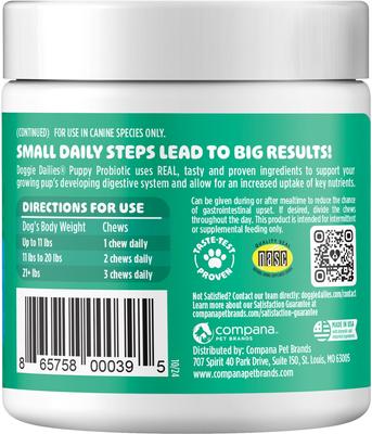 Show full view: Doggie Dailies Puppy Probiotics for Puppies with Digestive Enzymes, Promotes Digestive Health, Supports Immune System & Overall Development, 120 count slide 3 of 11