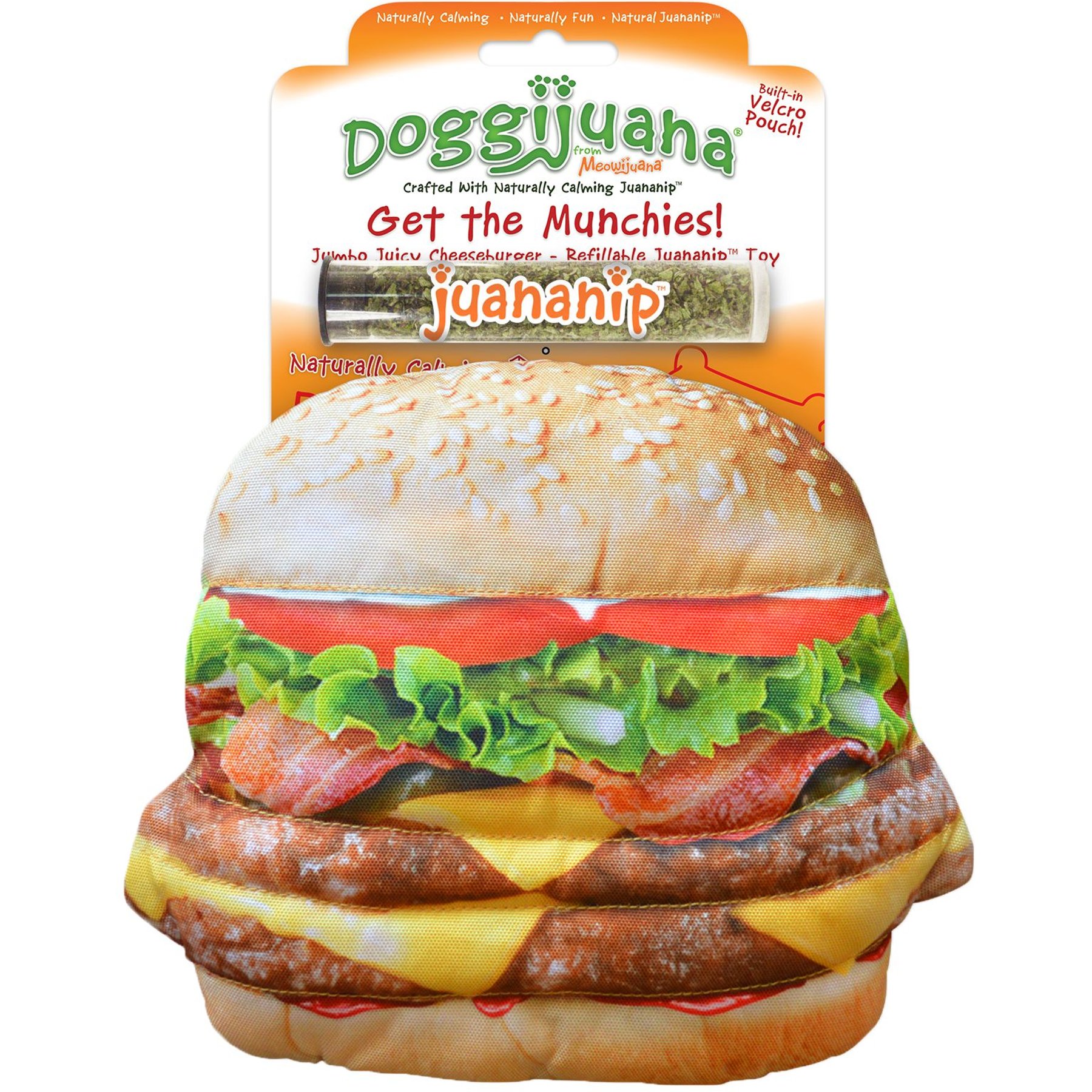 Doggijuana Get the Munchies Refillable Juananip Cheeseburger Squeaky Dog Plush Toy