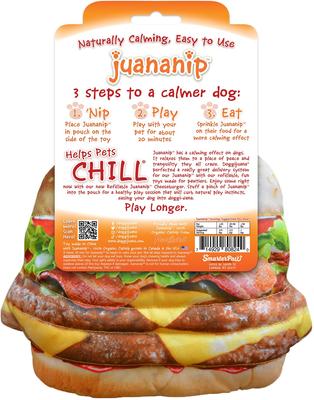 Show full view: Doggijuana Get the Munchies Refillable Juananip Cheeseburger Squeaky Dog Plush Toy slide 6 of 7