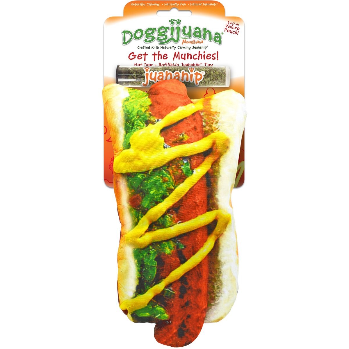 Doggijuana Get the Munchies Refillable Juananip Hot Dog Squeaky Dog Plush Toy