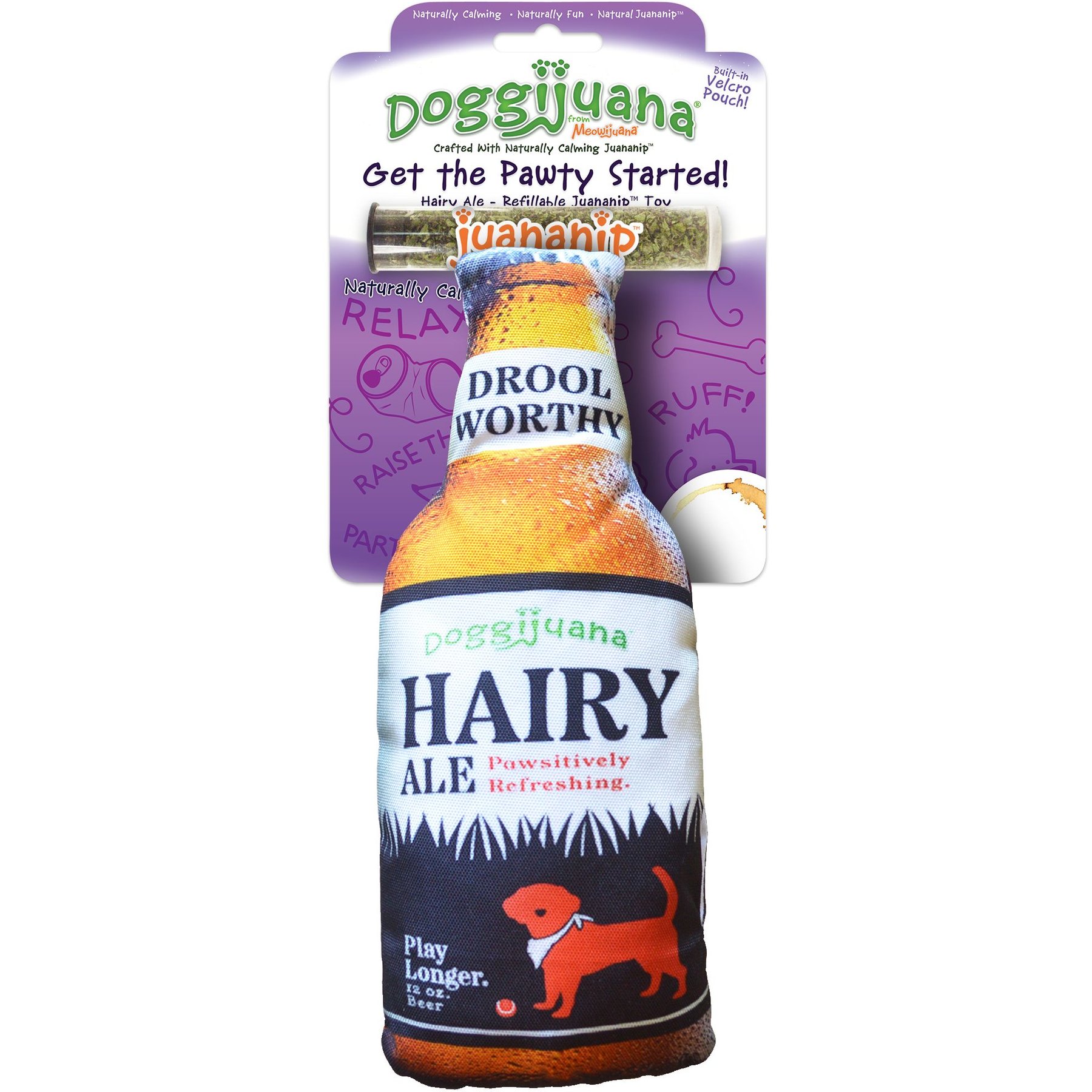 Doggijuana Get the Pawty Started Refillable Juananip Hairy Ale Squeaky Dog Plush Toy