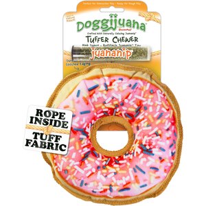 Doggijuana Tuffer Chewer Refillable Juananip Donut Tough Squeaky Dog Plush Toy