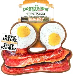 Doggijuana Tuffer Chewer Refillable Juananip Eggs & Bacon Tough Squeaky Dog Plush Toy