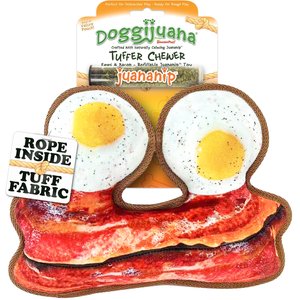 Doggijuana Tuffer Chewer Refillable Juananip Eggs & Bacon Tough Squeaky Dog Plush Toy
