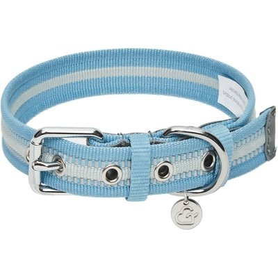Dogs & Cats & Co. Dogs & Cats & Co. 3M Reflective Leather & Polyester Striped Genuine Dog Collar, Baby Blue, Large: 22-in neck, 1-in wide