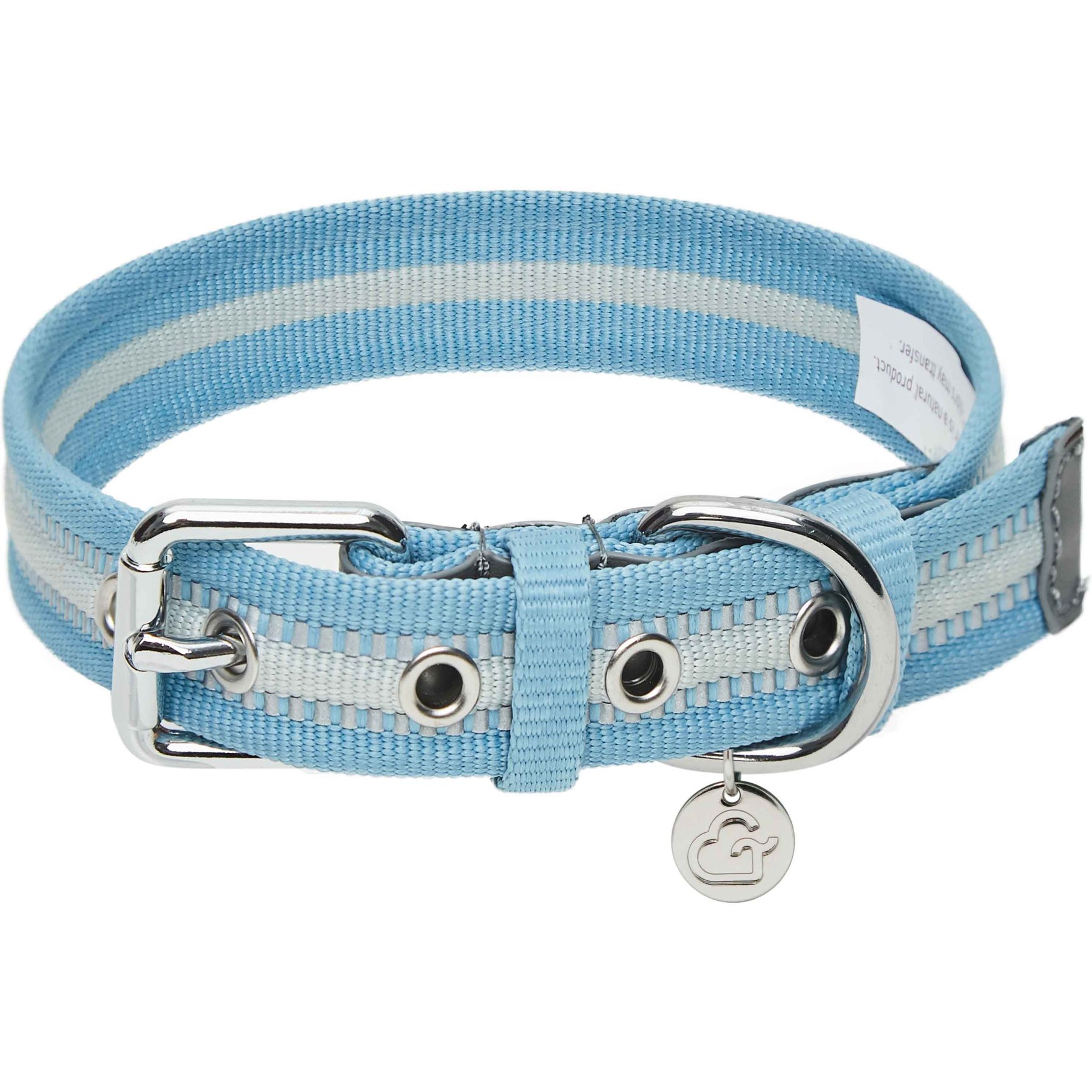 Dogs & Cats & Co. 3M Reflective Leather & Polyester Striped Genuine Dog Collar, Baby Blue, Medium: 18-in neck, 1-in wide
