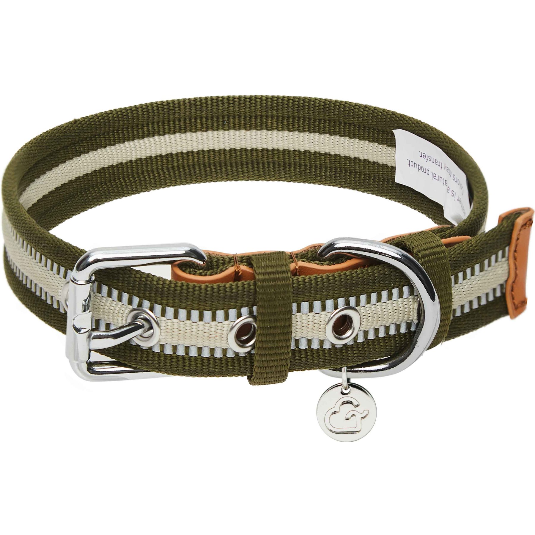 Dogs & Cats & Co. 3M Reflective Leather & Polyester Striped Genuine Dog Collar, Dark Olive, Small: 15-in neck, 3/4-in wide