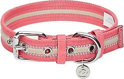 Dogs & Cats & Co. 3M Reflective Leather & Polyester Striped Genuine Dog Collar, Pink, Large: 22-in neck, 1-in wide