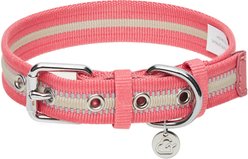 Dogs & Cats & Co. 3M Reflective Leather & Polyester Striped Genuine Dog Collar, Pink, Small: 15-in neck, 3/4-in wide