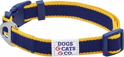 Dogs & Cats & Co. Contrast Striped Polyester Dog Collar, Navy & Bright Yellow, Small: 16-in neck, 5/8-in wide