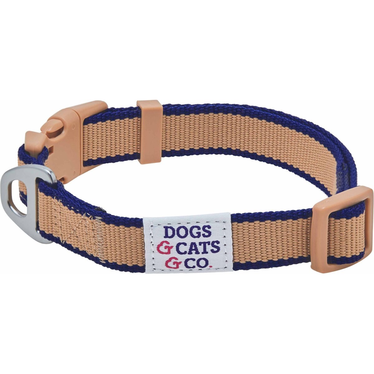 Dogs & Cats & Co. Contrast Striped Polyester Dog Collar, Tan & Navy, Small: 16-in neck, 5/8-in wide