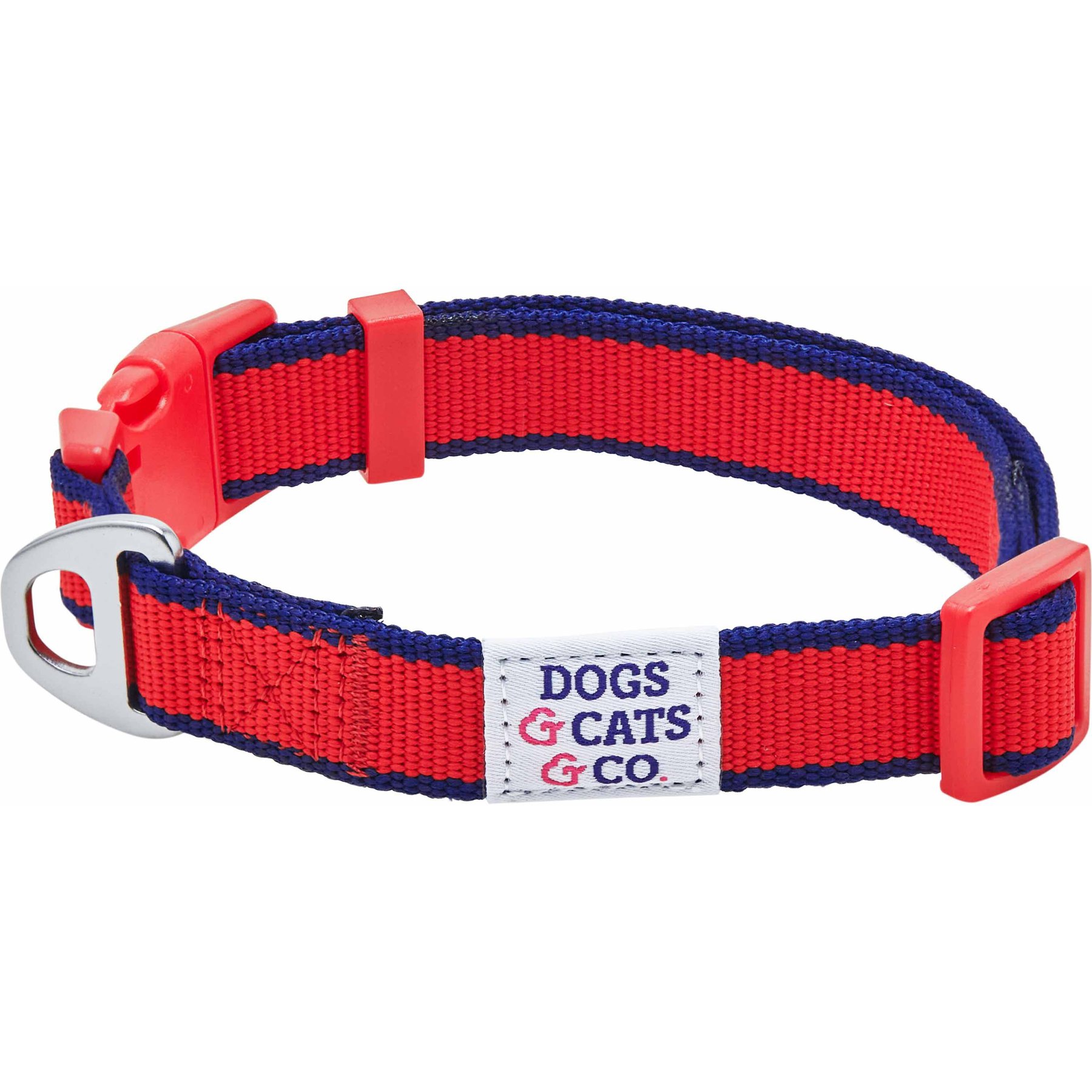 Dogs & Cats & Co. Contrast Striped Polyester Dog Collar, Tomato Red & Navy, Large: 26-in neck, 1-in wide