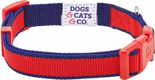 Show full view: Dogs & Cats & Co. Contrast Striped Polyester Dog Collar, Tomato Red & Navy, Small: 16-in neck, 5/8-in wide slide 4 of 6