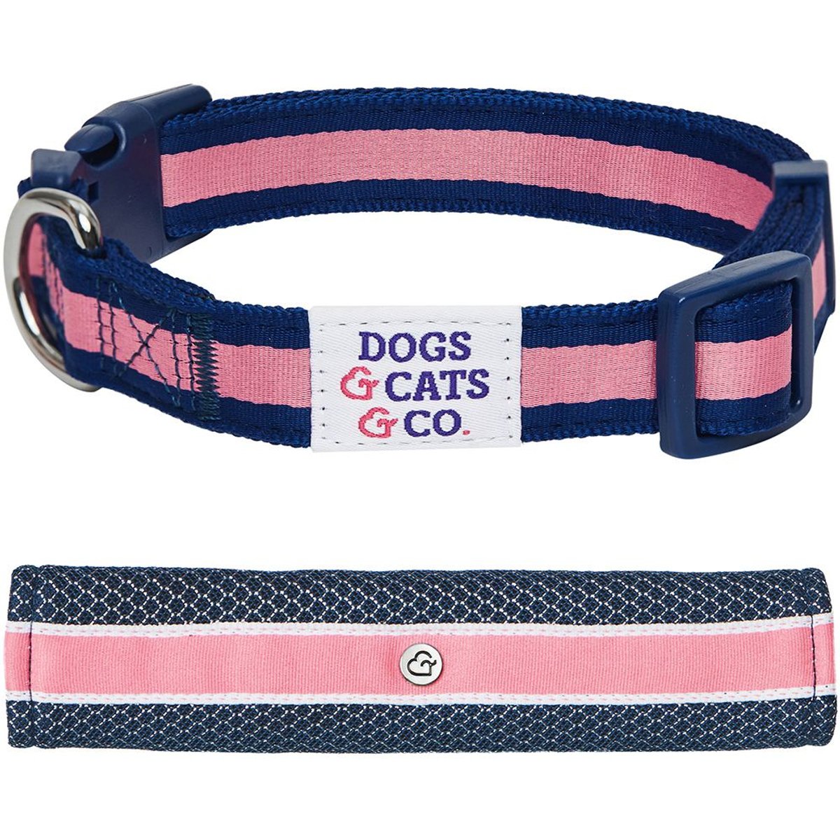 Dogs & Cats & Co. Daily Essential with Add-on Accessory Polyester Dog Collar, Navy/Pink, Medium: 20-in neck, 3/4-in wide