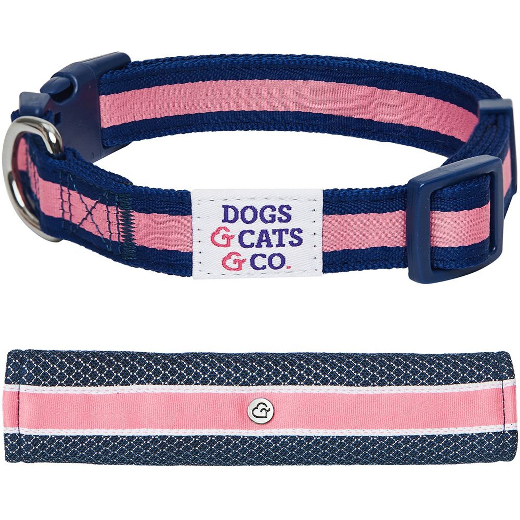Dogs & Cats & Co. Daily Essential with Add-on Accessory Polyester Dog Collar, Navy/Pink, Small: 16-in neck, 5/8-in wide