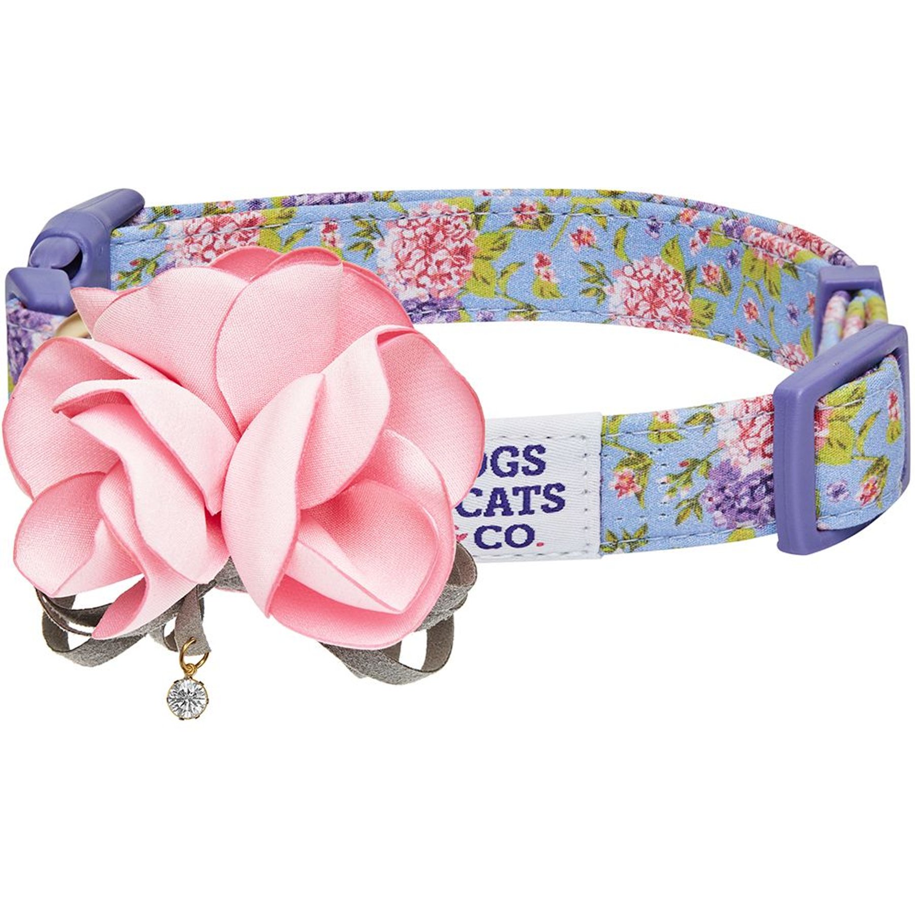 Dogs & Cats & Co. Floral with Pink Flower Accessory Polyester Dog Collar, Lavender, Medium: 20-in neck, 3/4-in wide