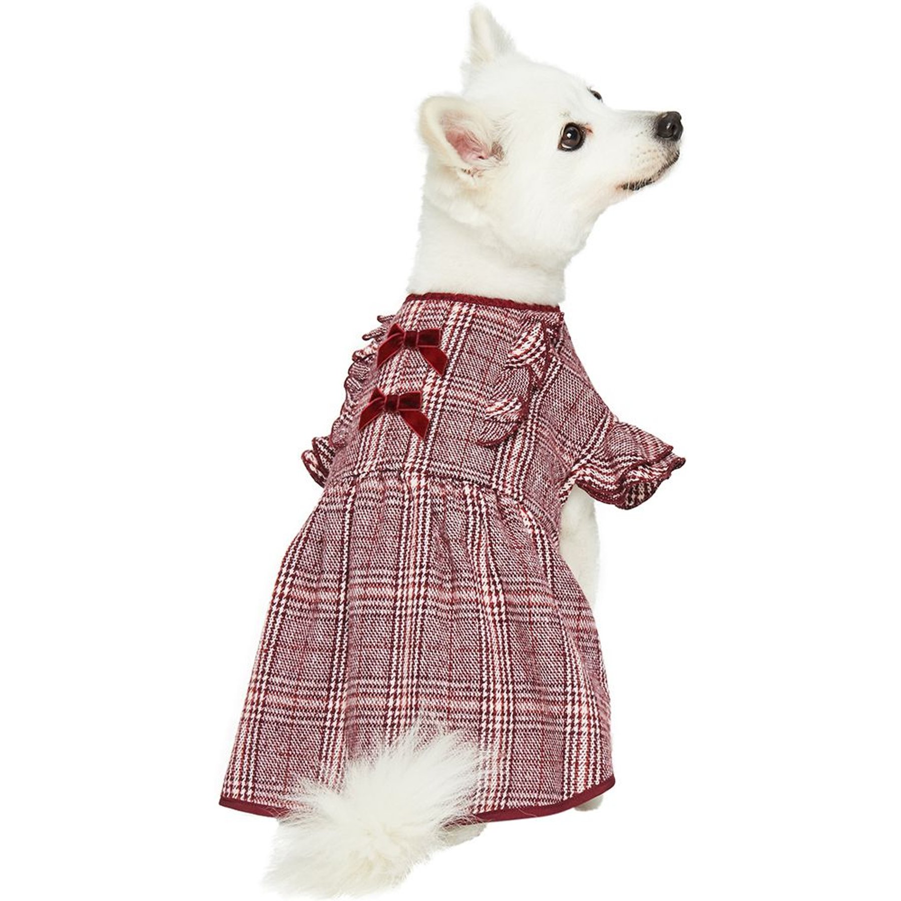 Dogs & Cats & Co. Plaid with Velvet Bowties Dog Dress, Burgundy Red, 14-in