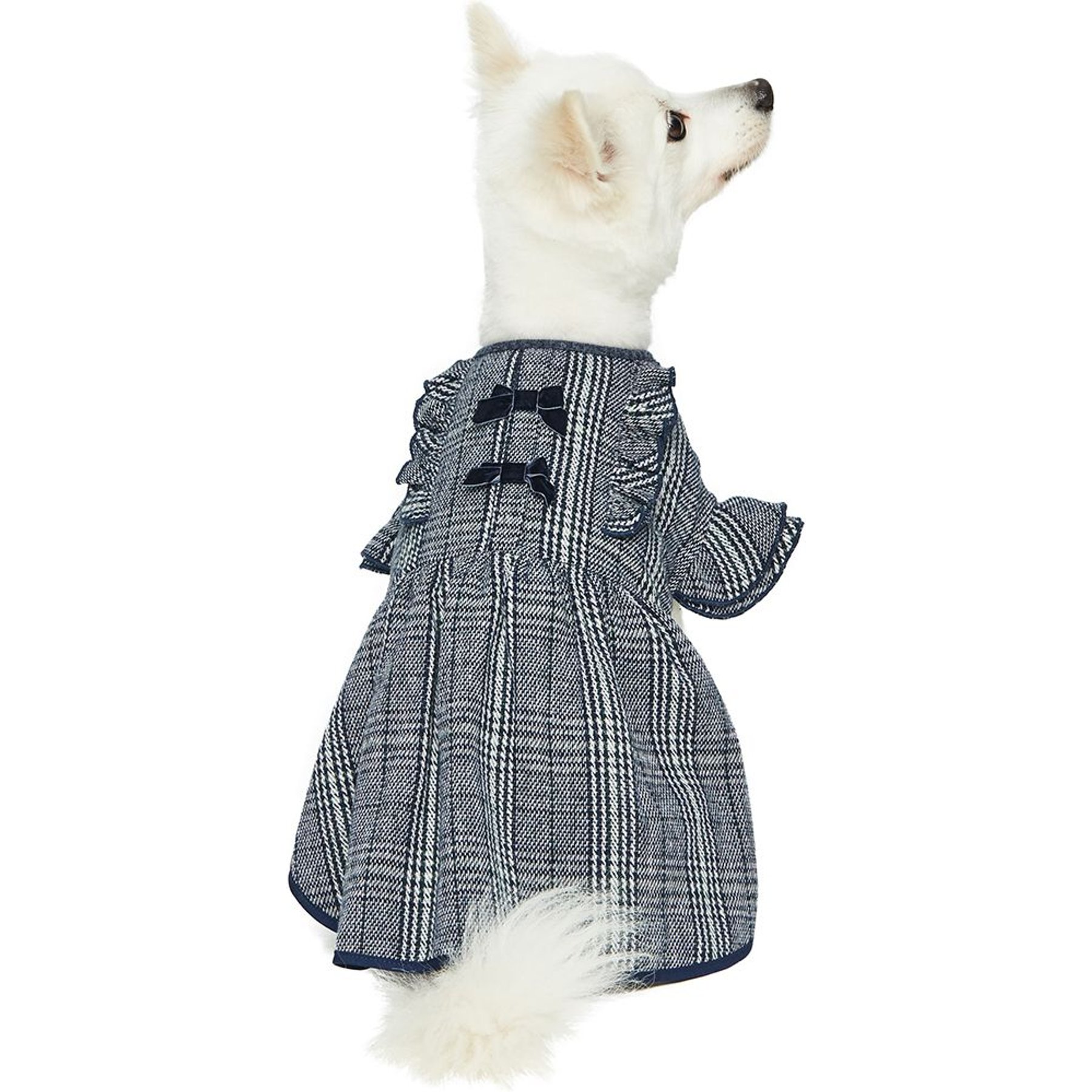 Dogs & Cats & Co. Plaid with Velvet Bowties Dog Dress, Navy Blue, 14-in