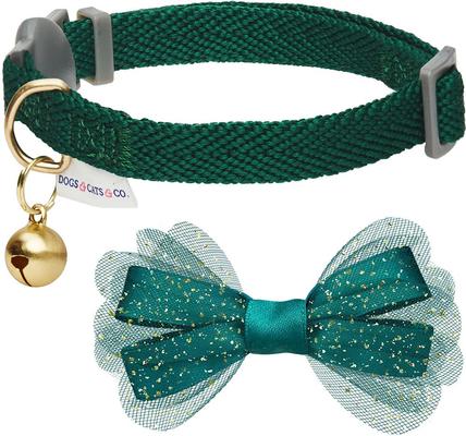 Show full view: Dogs & Cats & Co. Polyester Safety Breakaway Classic Chiffon Bowtie with Bell Cat Collar, Alpine Green, One Size: 13-in neck, 3/8-in wide slide 3 of 5