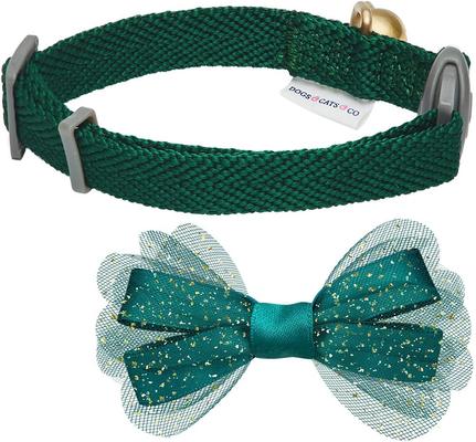 Show full view: Dogs & Cats & Co. Polyester Safety Breakaway Classic Chiffon Bowtie with Bell Cat Collar, Alpine Green, One Size: 13-in neck, 3/8-in wide slide 4 of 5
