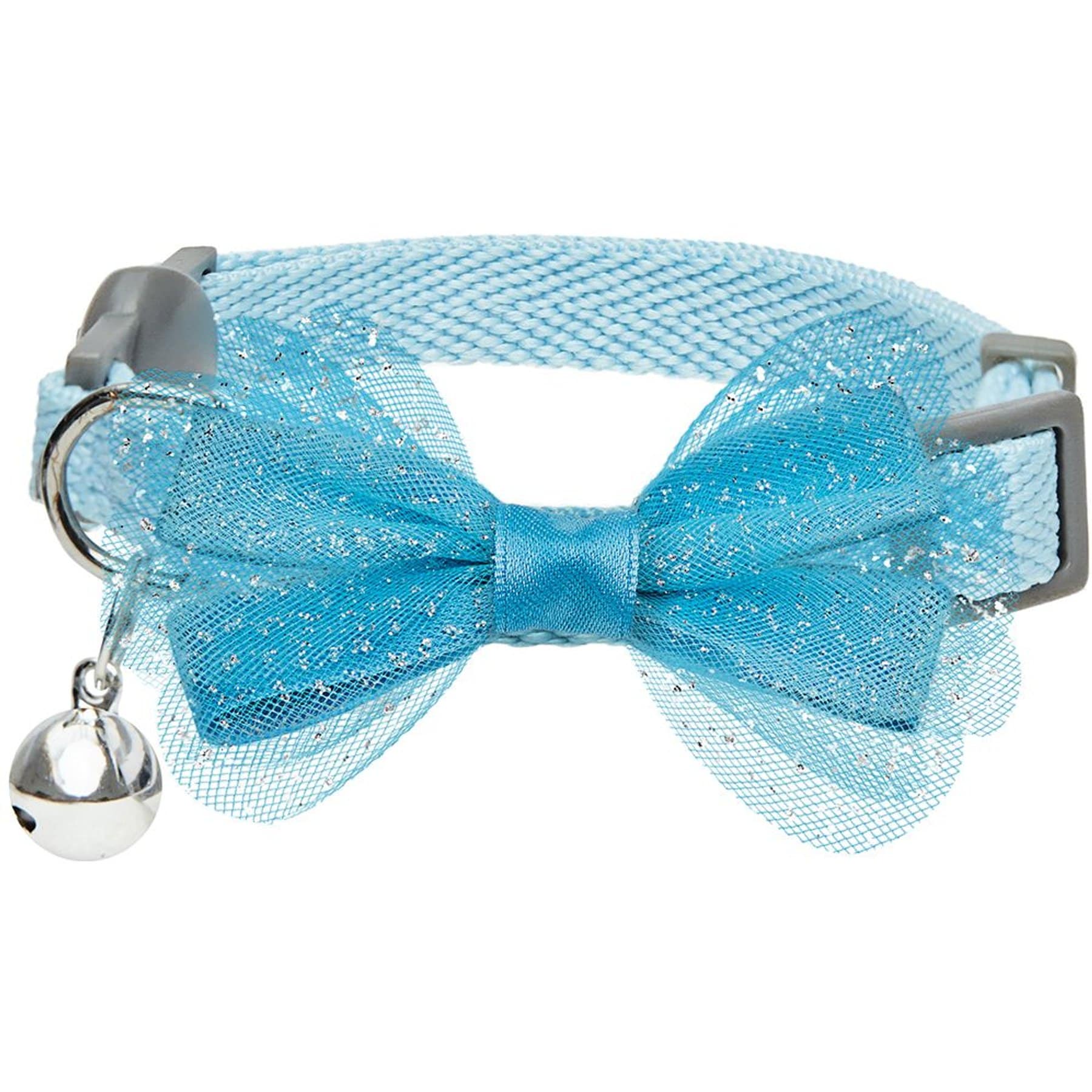 Dogs & Cats & Co. Polyester Safety Breakaway Classic Chiffon Bowtie with Bell Cat Collar, Aquamarine, One Size: 13-in neck, 3/8-in wide