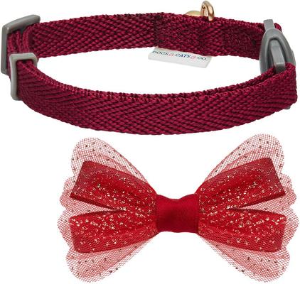 Show full view: Dogs & Cats & Co. Polyester Safety Breakaway Classic Chiffon Bowtie with Bell Cat Collar, Burgundy, One Size: 13-in neck, 3/8-in wide slide 3 of 5