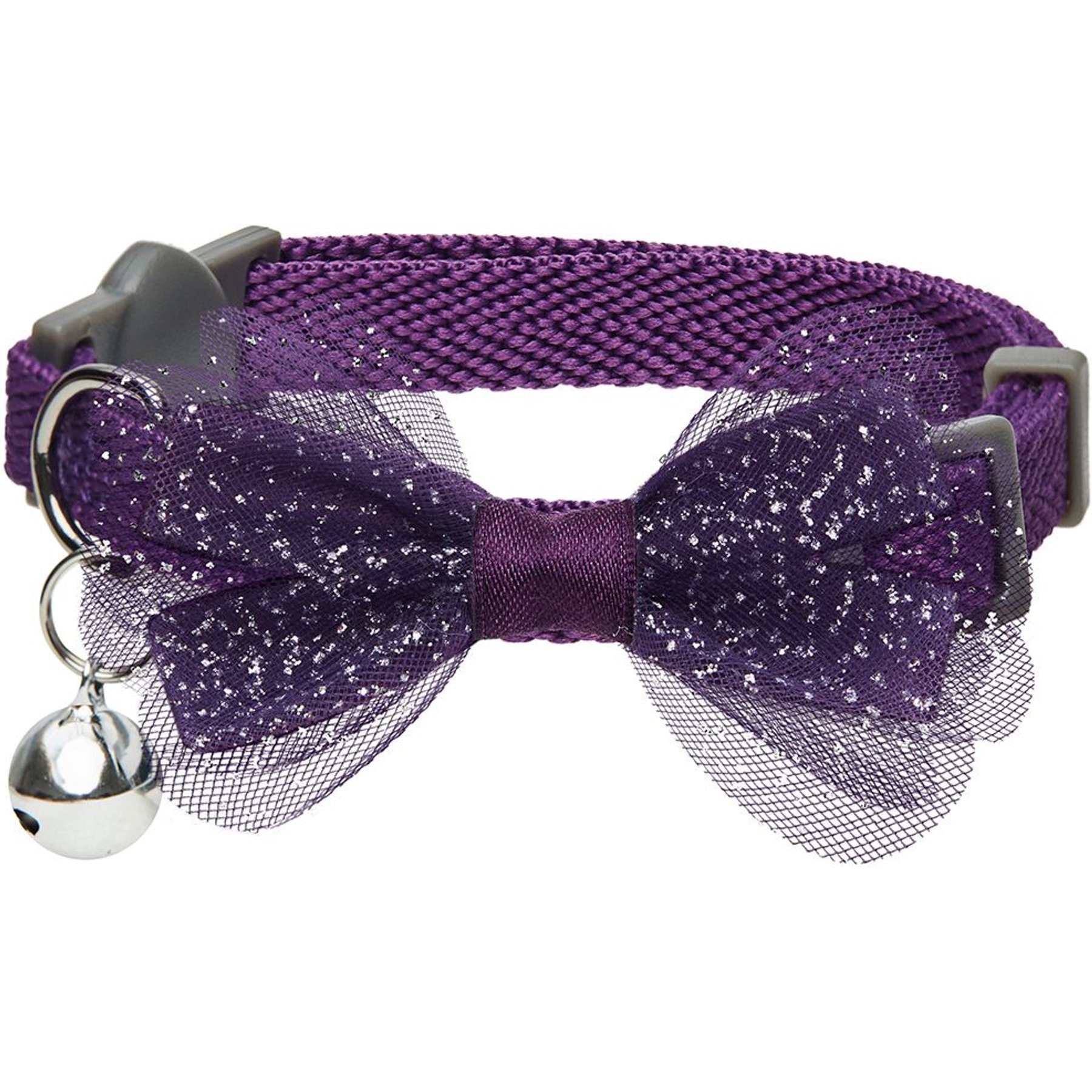 Dogs & Cats & Co. Polyester Safety Breakaway Classic Chiffon Bowtie with Bell Cat Collar, Grape Purple, One Size: 13-in neck, 3/8-in wide
