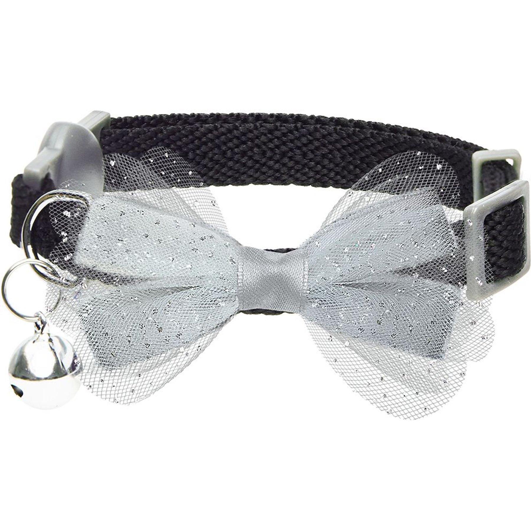 Dogs & Cats & Co. Polyester Safety Breakaway Classic Chiffon Bowtie with Bell Cat Collar, Jet Black, One Size: 13-in neck, 3/8-in wide