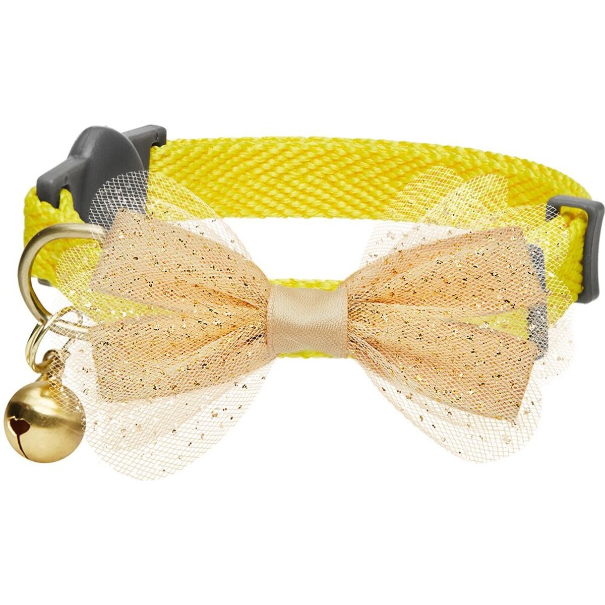 Dogs & Cats & Co. Polyester Safety Breakaway Classic Chiffon Bowtie with Bell Cat Collar, Vibrant Yellow, One Size: 13-in neck, 3/8-in wide
