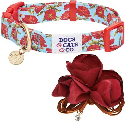Show full view: Dogs & Cats & Co. Poppy Flower with Red Flower Accessory Polyester Dog Collar, Turquoise, Large: 26-in neck, 1-in wide slide 3 of 7