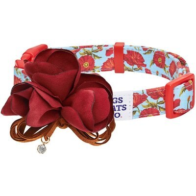 Dogs & Cats & Co. Dogs & Cats & Co. Poppy Flower with Red Flower Accessory Polyester Dog Collar, Turquoise, Small: 16-in neck, 5/8-in wide
