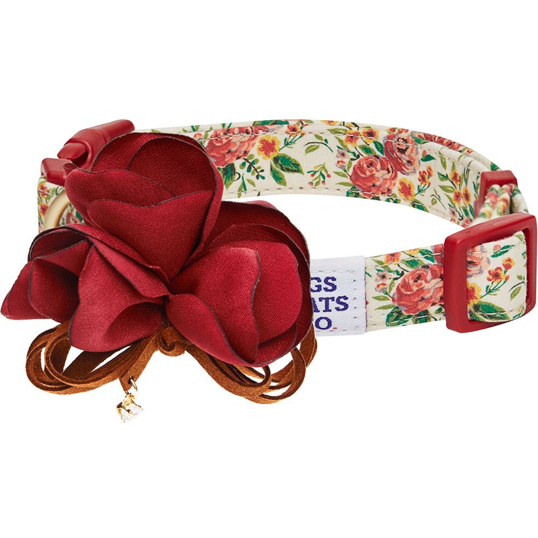 Dogs & Cats & Co. Red Flower AccessoryFloral Design Polyester Dog Collar, Beige & Red, Small: 16-in neck, 5/8-in wide