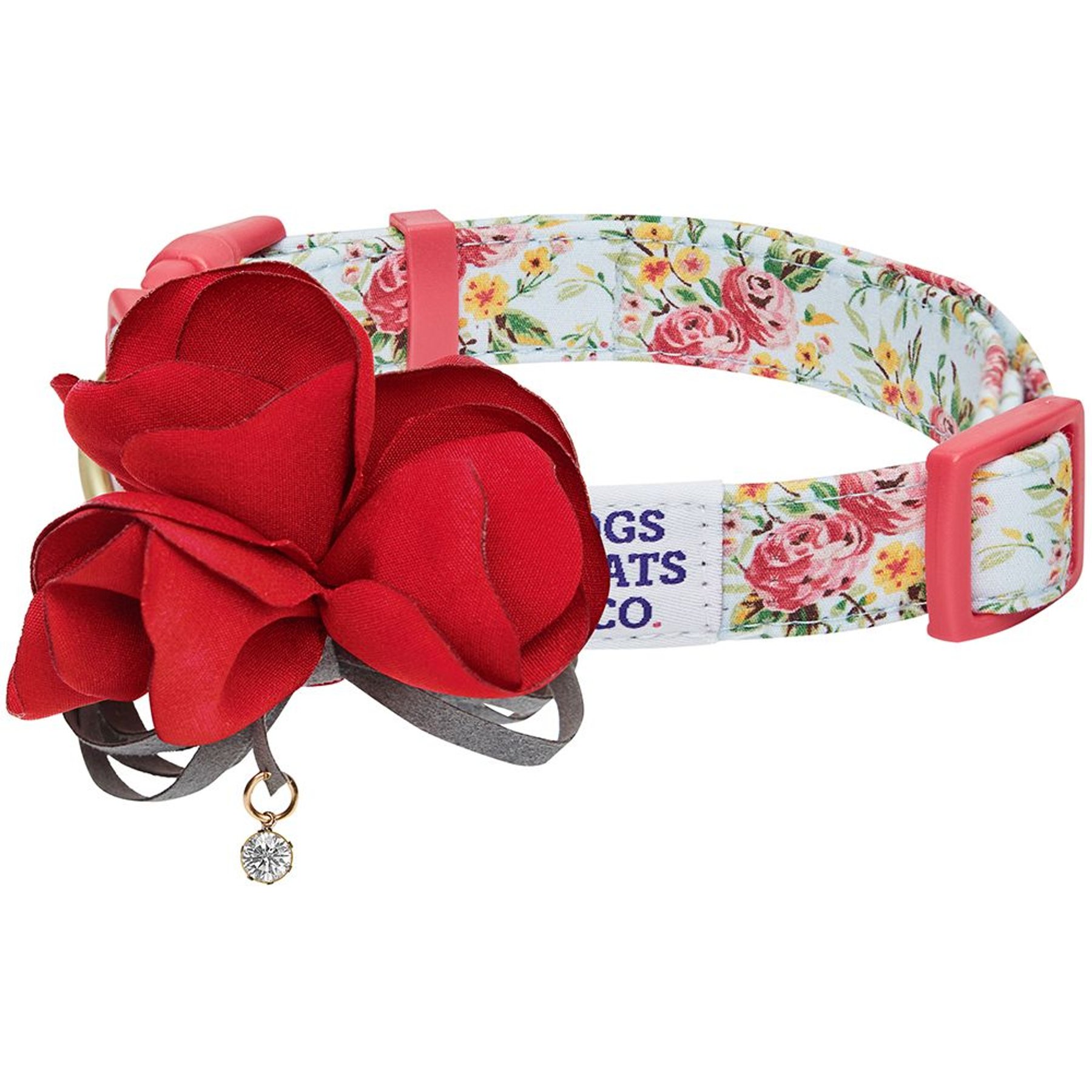 Dogs & Cats & Co. Red Flower AccessoryFloral Design Polyester Dog Collar, Turquoise, Large: 26-in neck, 1-in wide