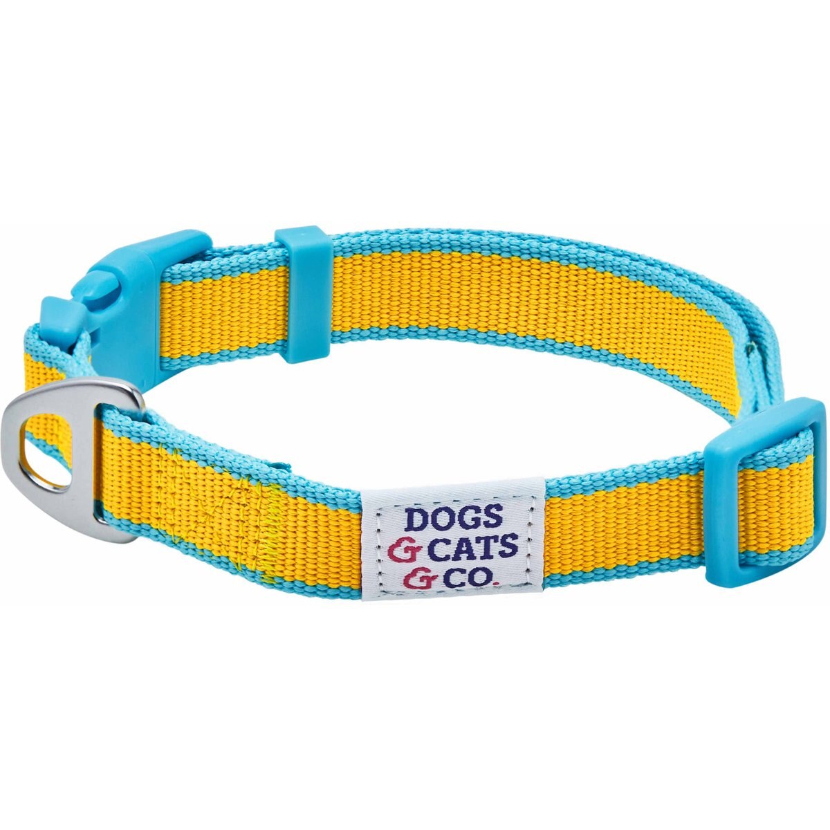 Dogs & Cats & Co. Vibrant Striped Polyester Dog Collar, Solar Yellow & Capri Blue, Medium: 20-in neck, 3/4-in wide