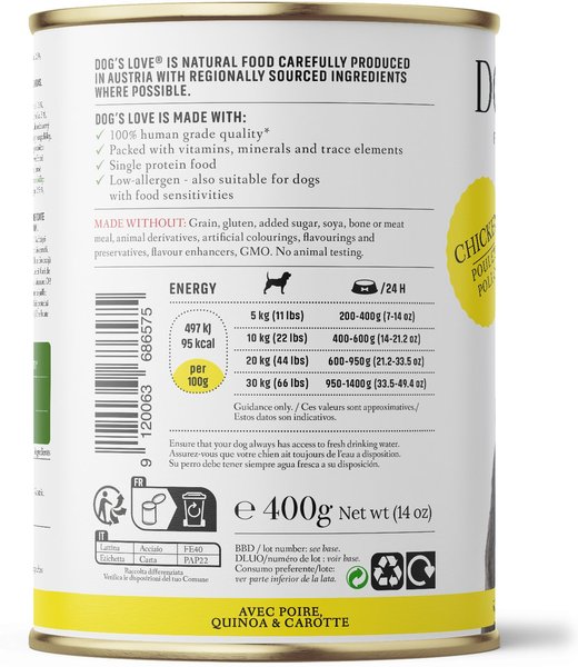 Show full view: Dog's Love Super Premium Natural Single Protein Limited Ingredient Adult Classic Chicken Canned Dog Food, 14.1-oz can, 6 count slide 3 of 10