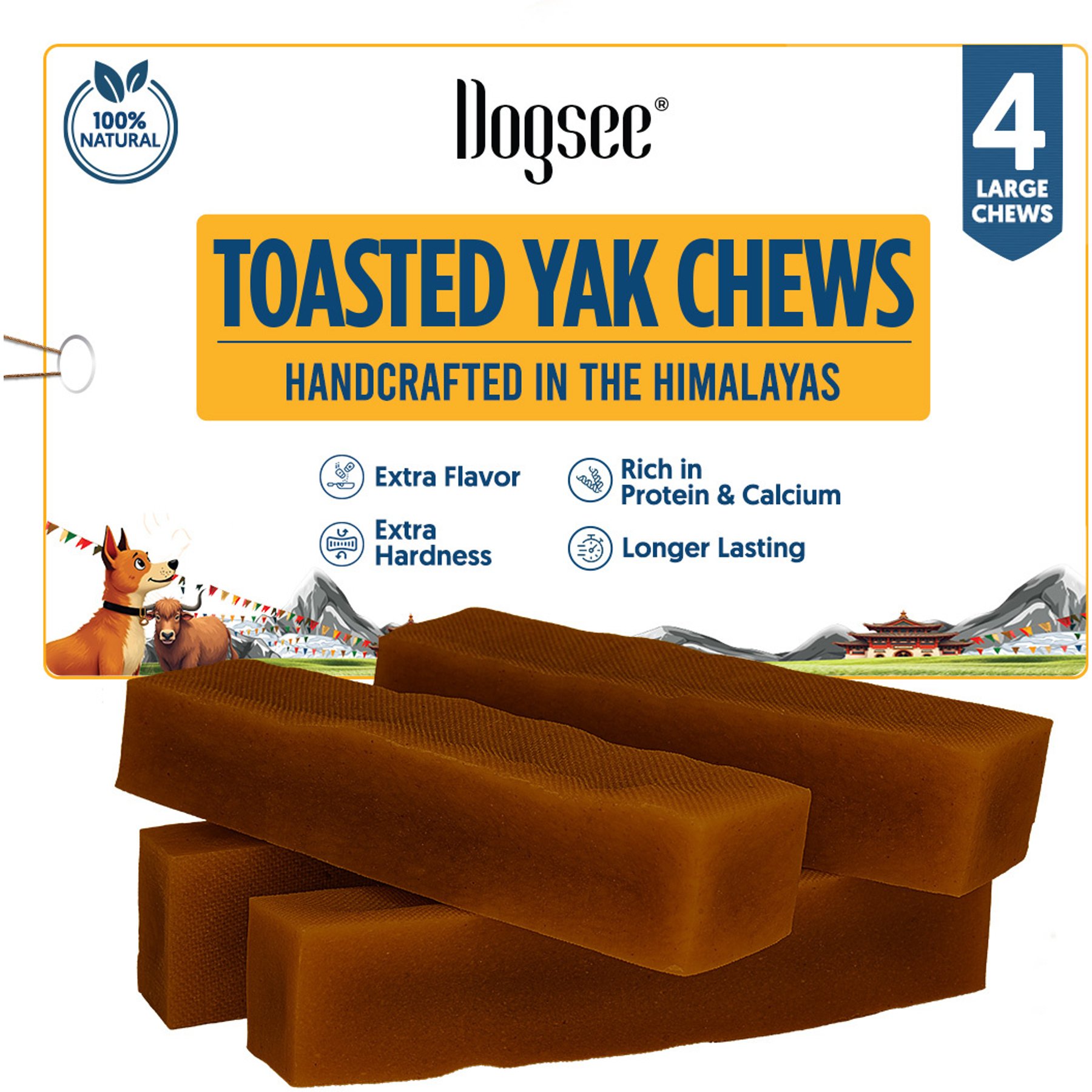 Dogsee Toasted Himalayan Yak Cheese Large Natural Dog Chew, 4 count