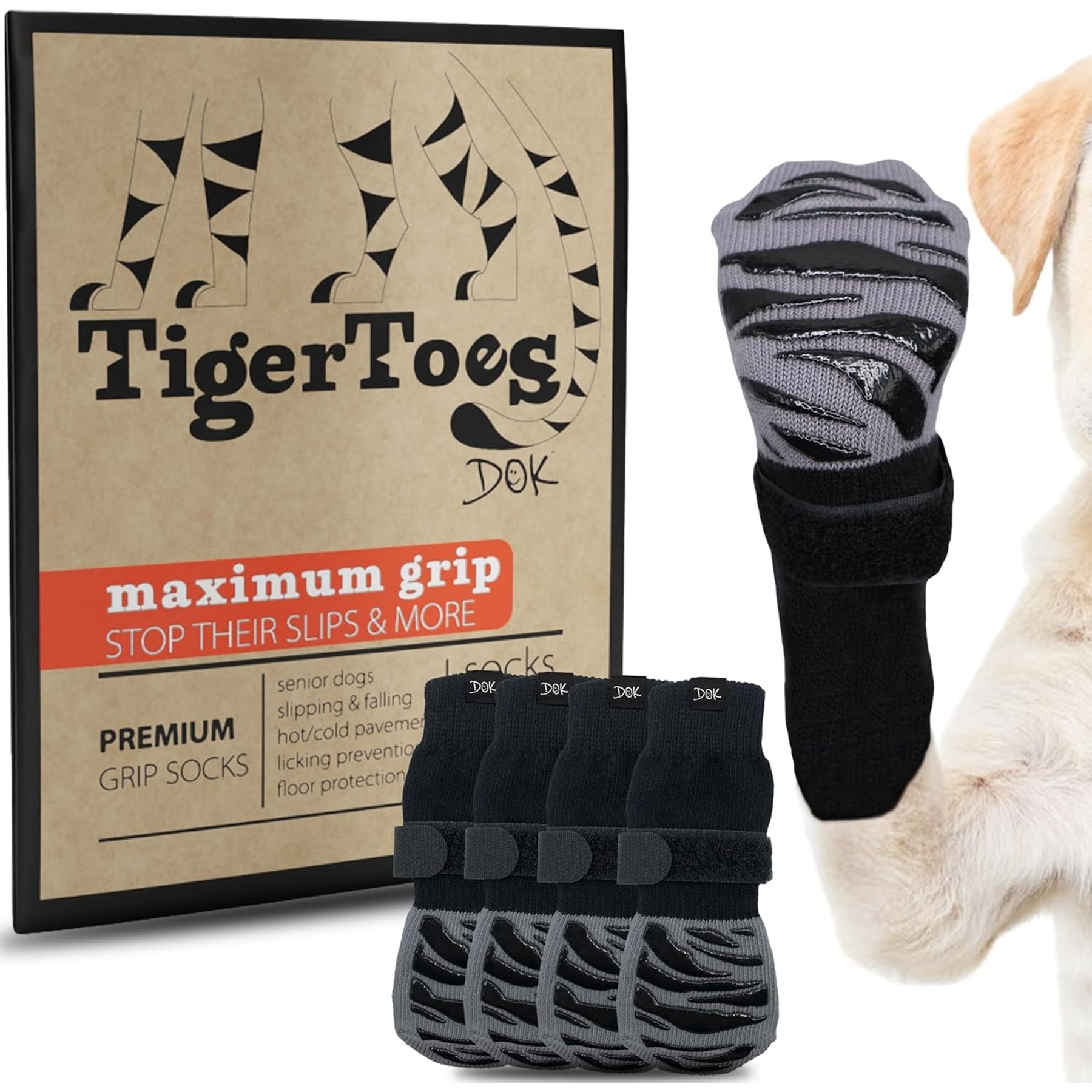 DOK TigerToes Anti-Slip Senior Dog Socks, Grey, Large
