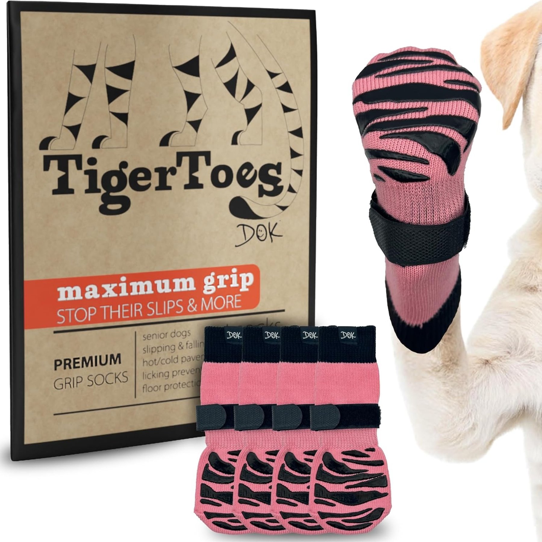 DOK TigerToes Anti-Slip Senior Dog Socks, Pink, Small
