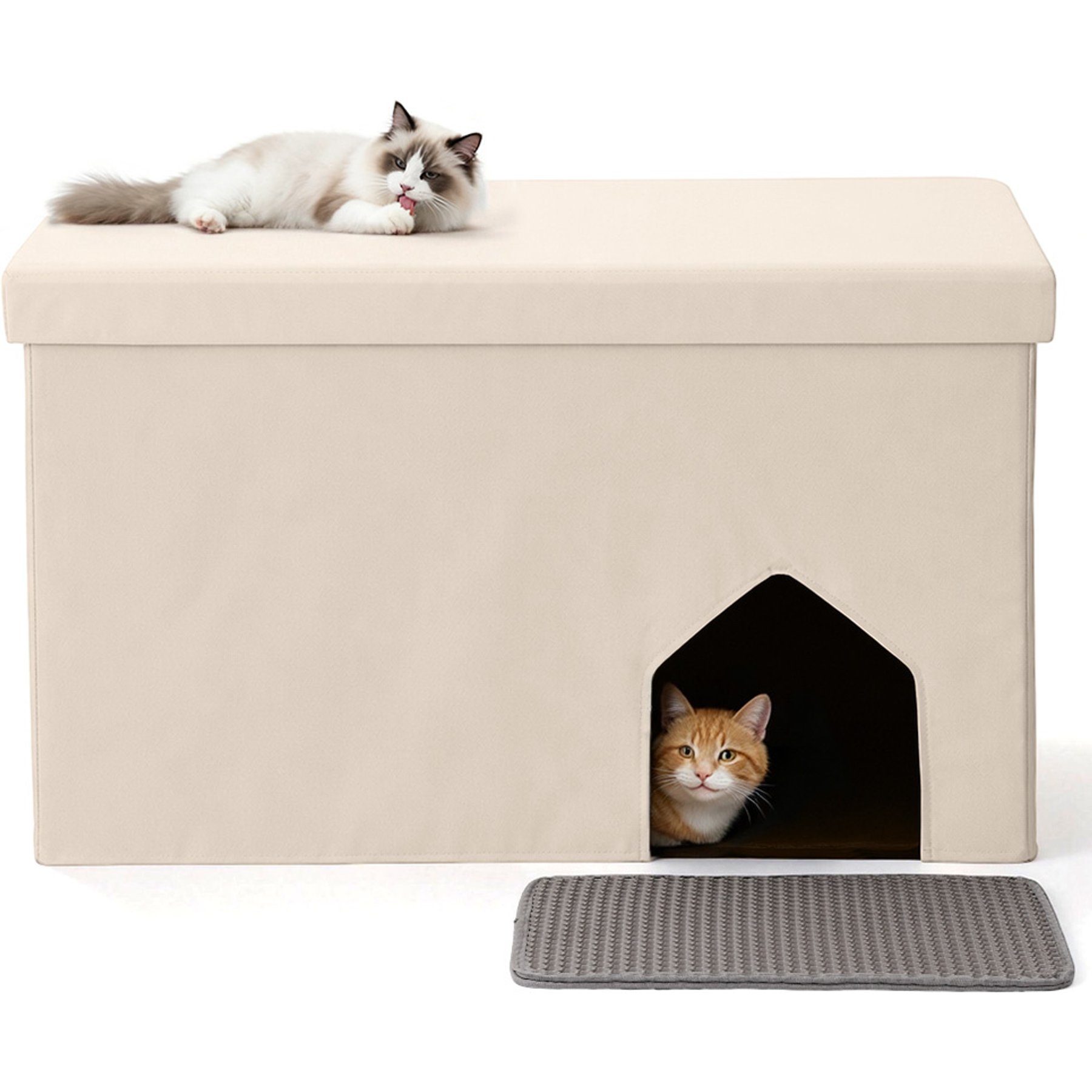 DOMIPET Hidden Furniture Foldable Washroom Bench Storage Space Ottoman Odor Control Dog Poof Cat Litter Box Enclosure, Large, Beige