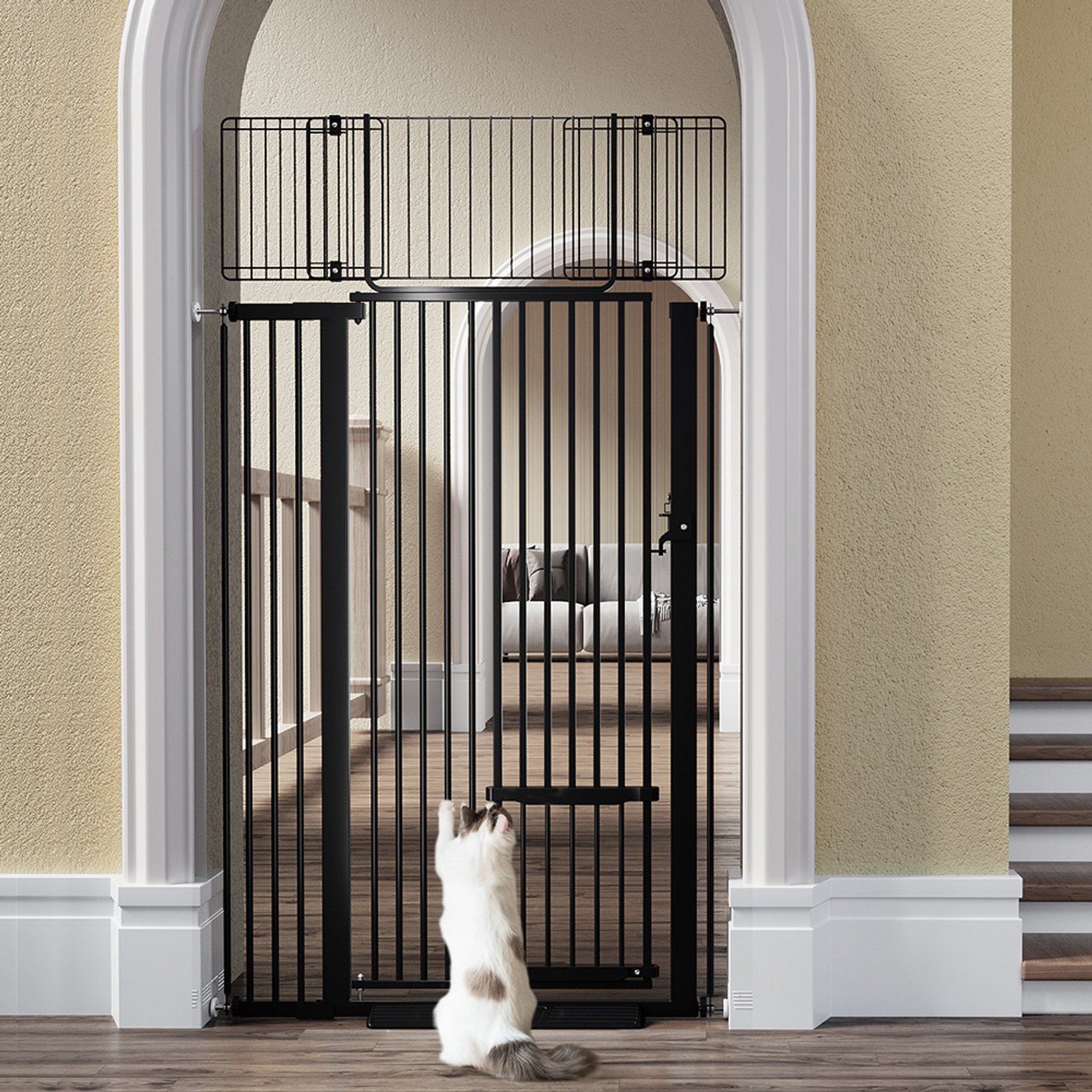DOMIPET Metal Pressure Mounted Dog & Cat Gate with Adjustable Door, Black, 40.6 x 71-in