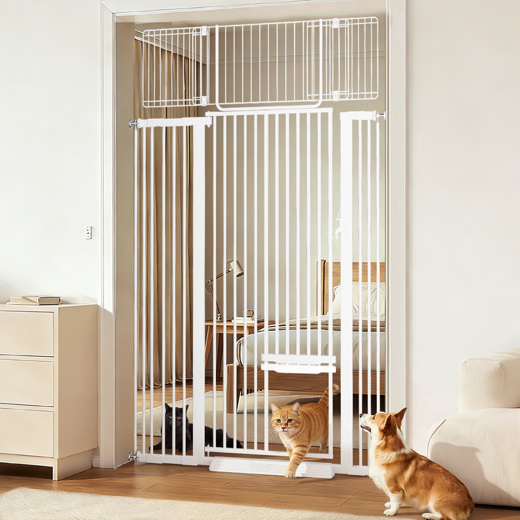DOMIPET Metal Pressure Mounted Dog & Cat Gate with Adjustable Door, White, 43 x 71-in