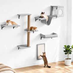 DOMIPET Perches Set Wood Modern Cat Wall Shelves with Jump Platforms, Hammock, Couch, Tower & Grip, Light Gray