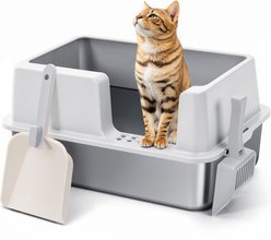 DOMIPET Stainless Steel Metal Pan Lid 2x Scoop High Sided Leak Proof & Easy Cleaning Cat Litter Box Enclosure, Gray, X-Large
