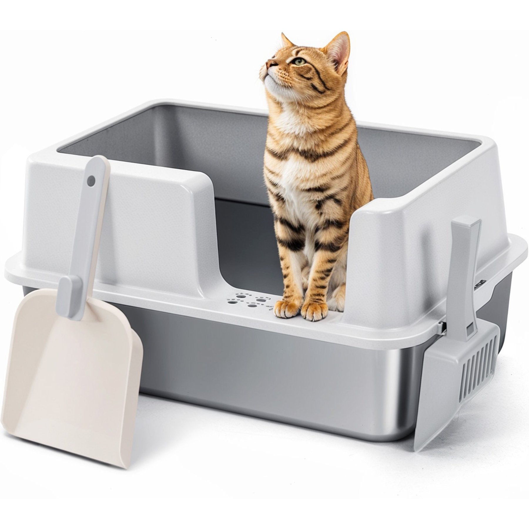 DOMIPET Stainless Steel Metal Pan Lid 2x Scoop High Sided Leak Proof & Easy Cleaning Cat Litter Box Enclosure, Gray, X-Large