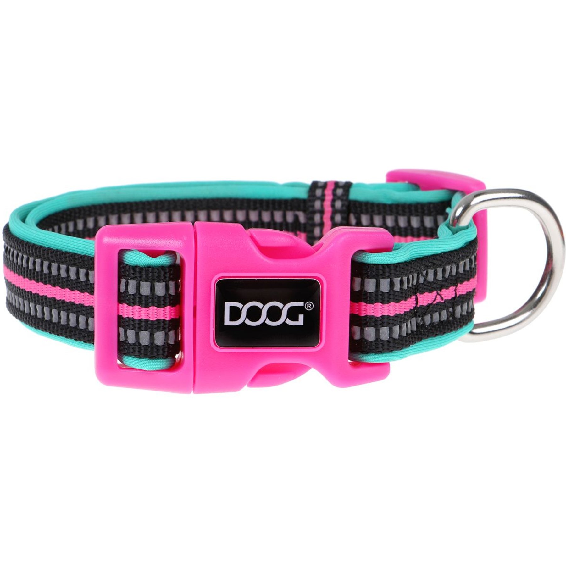 DOOG Neoprene Rin Tin Tin Neon Dog Collar, Pink/Black/Teal, Medium: 12 to 18-in neck, 1-in wide