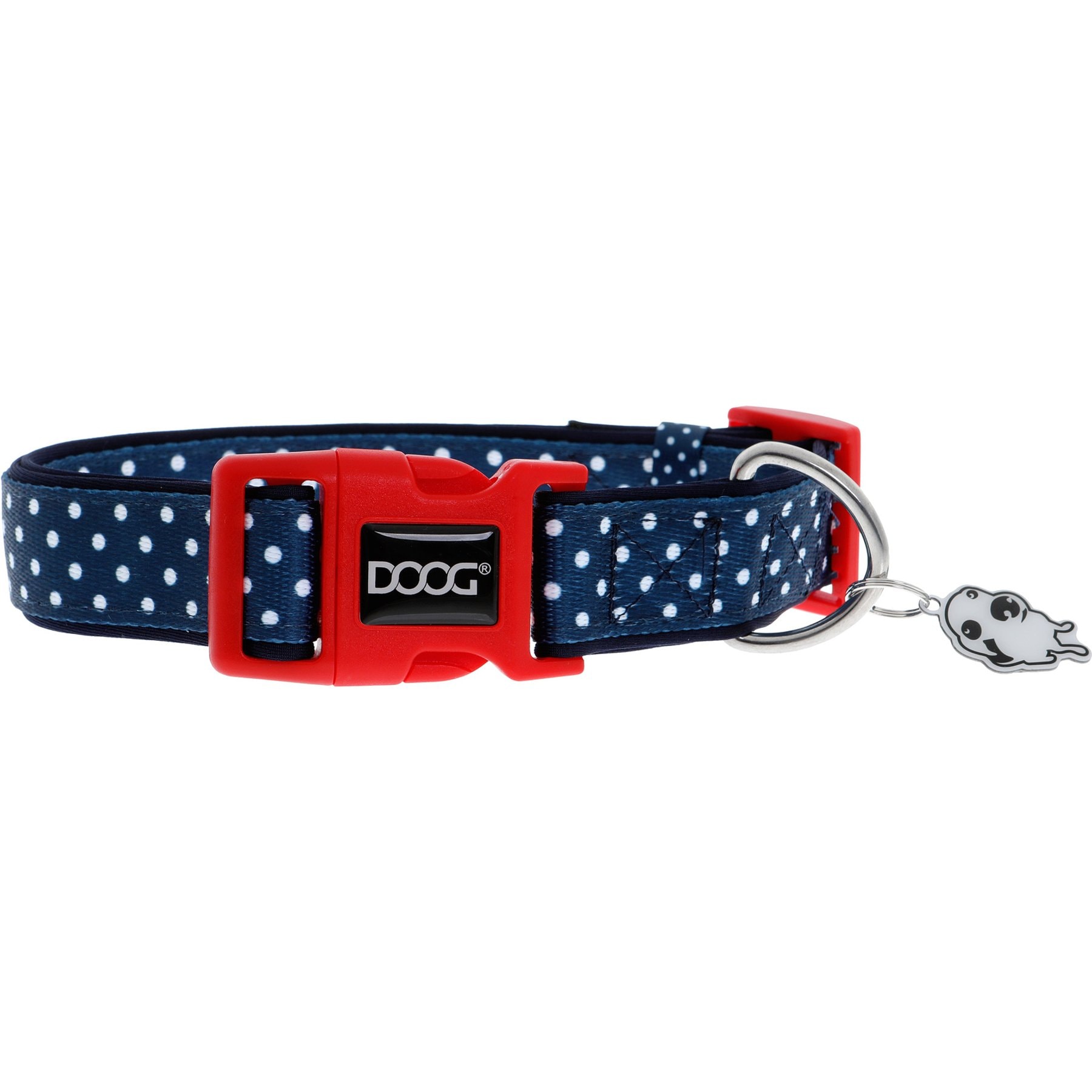DOOG Neoprene Stella Dog Collar, Navy Blue/White Polka Dot, Medium: 12 to 18-in neck, 1-in wide