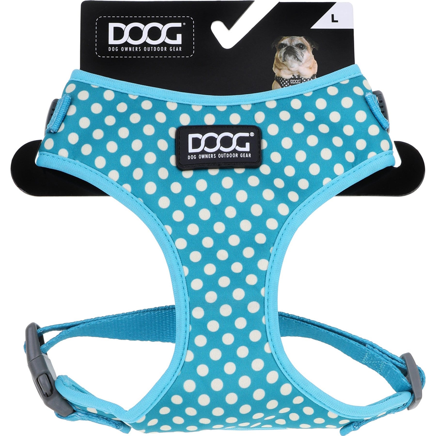 DOOG Step In Neoflex Snoopy Dog Harness, Light Blue/White Polka Dot, Medium: 16 to 22-in chest