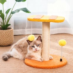 DOPZER 13-in Plush Cat Scratching Post with Top Platform & Hanging Ball Toy, Orange/Yellow